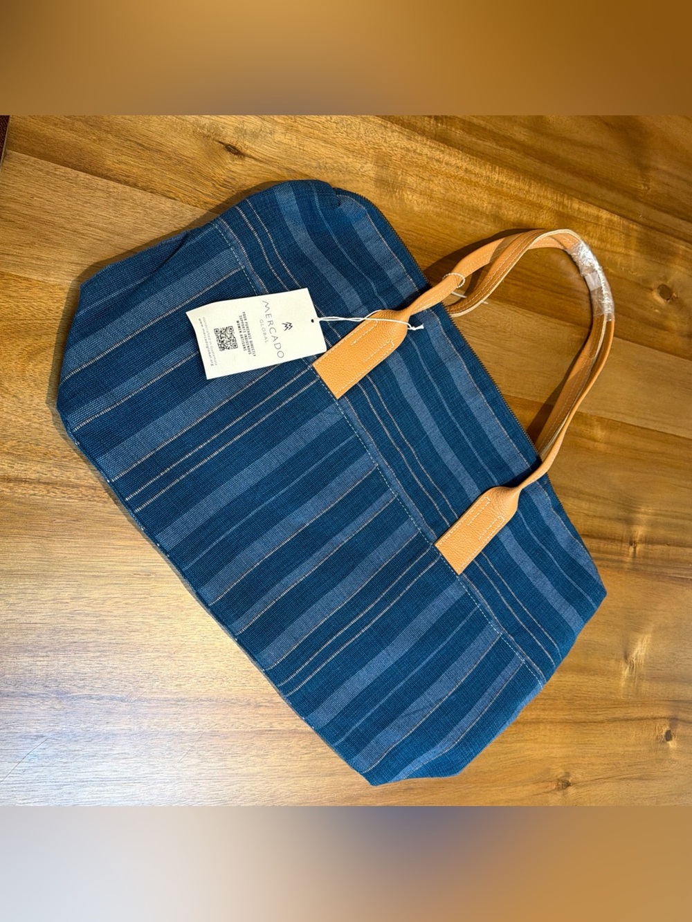 Mercado Global Magali Tote Handwoven Cotton Blue Striped Shoulder Bag NWT $108